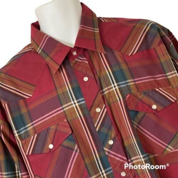 Wrangler Men's Western Shirt 2X Pearl Snap Plaid Maroon Cowboy Rodeo - Picture 2 of 4